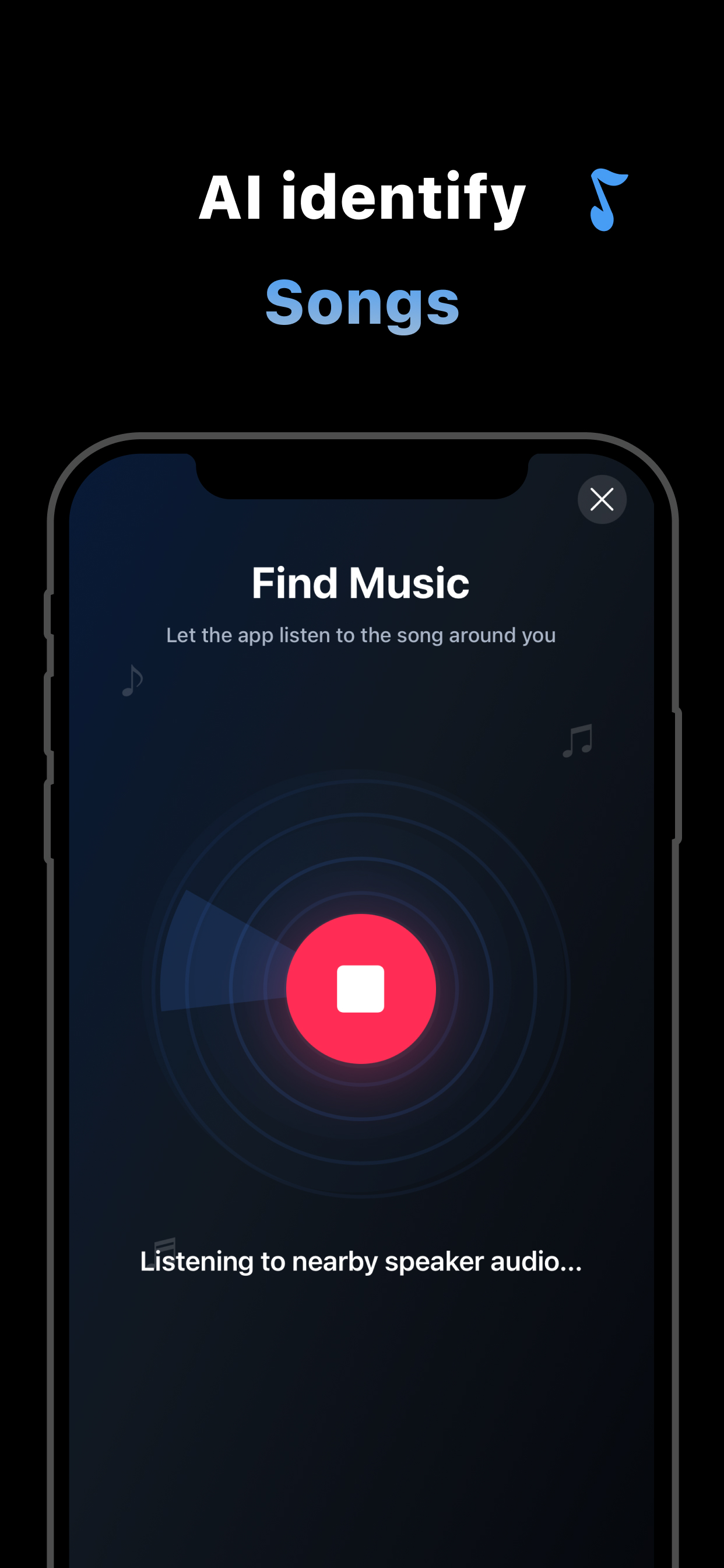 Find Music listening screen with a large recognition control.